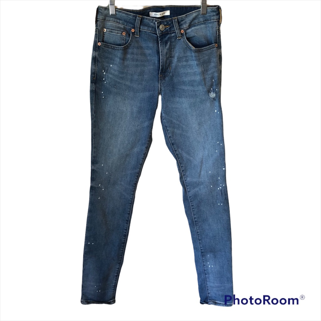 Pacsun Stacked Skinny Factory Paint Splattered Denim Jeans Unisex 30